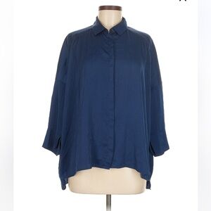 Blue satin / silky Women's Button-Down blouse